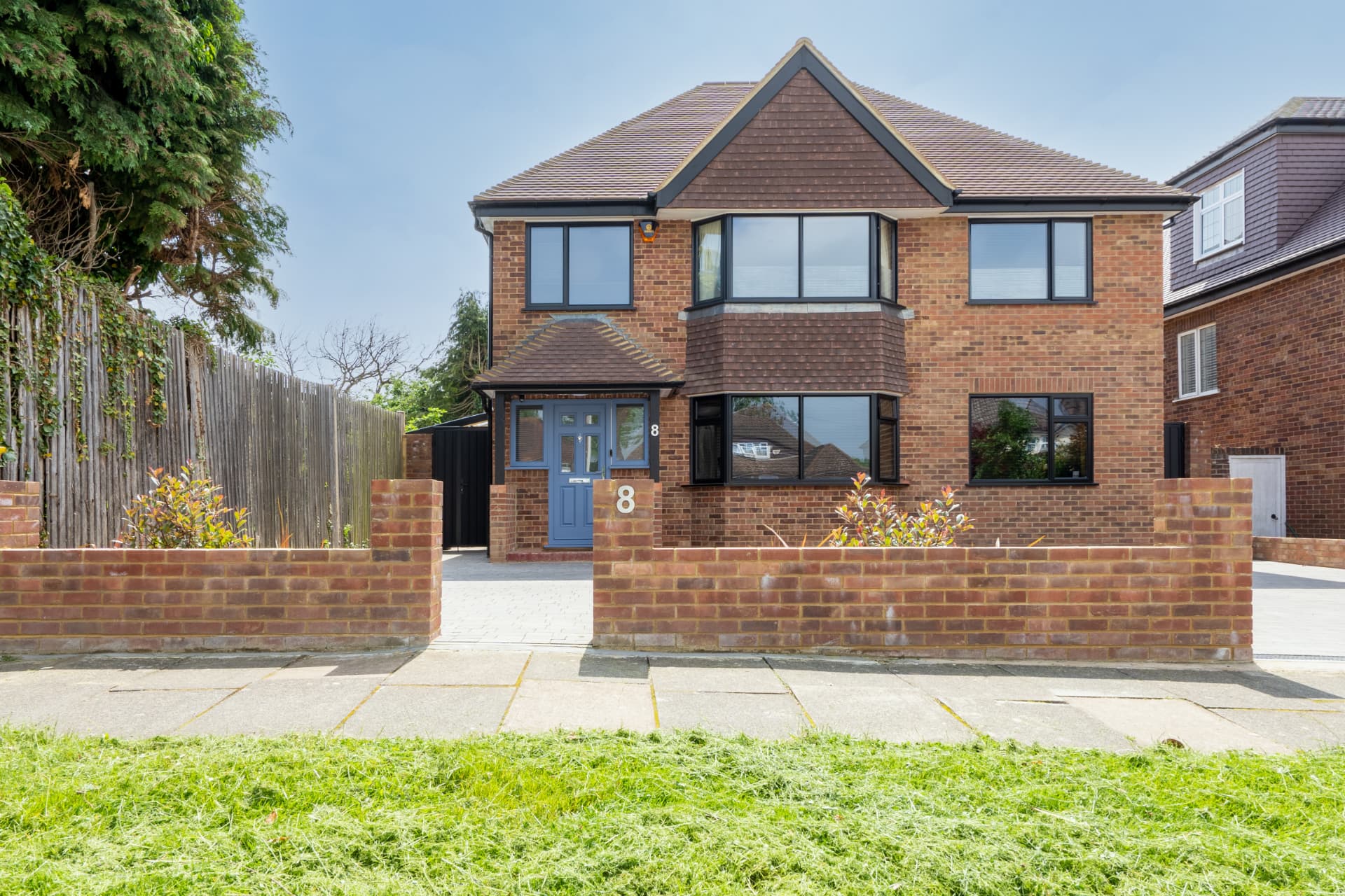 The front elevation of a family home after renovation and extension